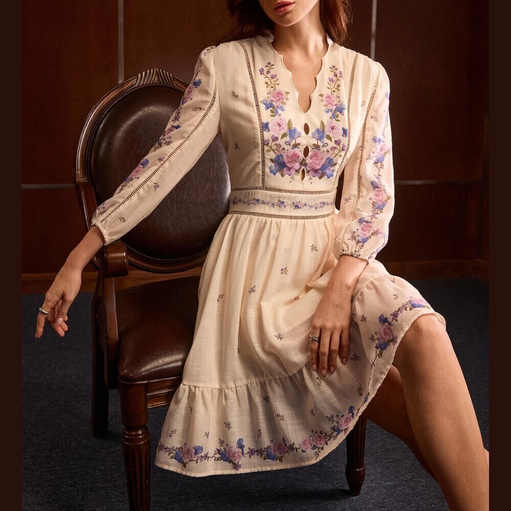 Cream Floral Print Notched Keyhole Neck Long Sleeve Ruffle Hem Dress